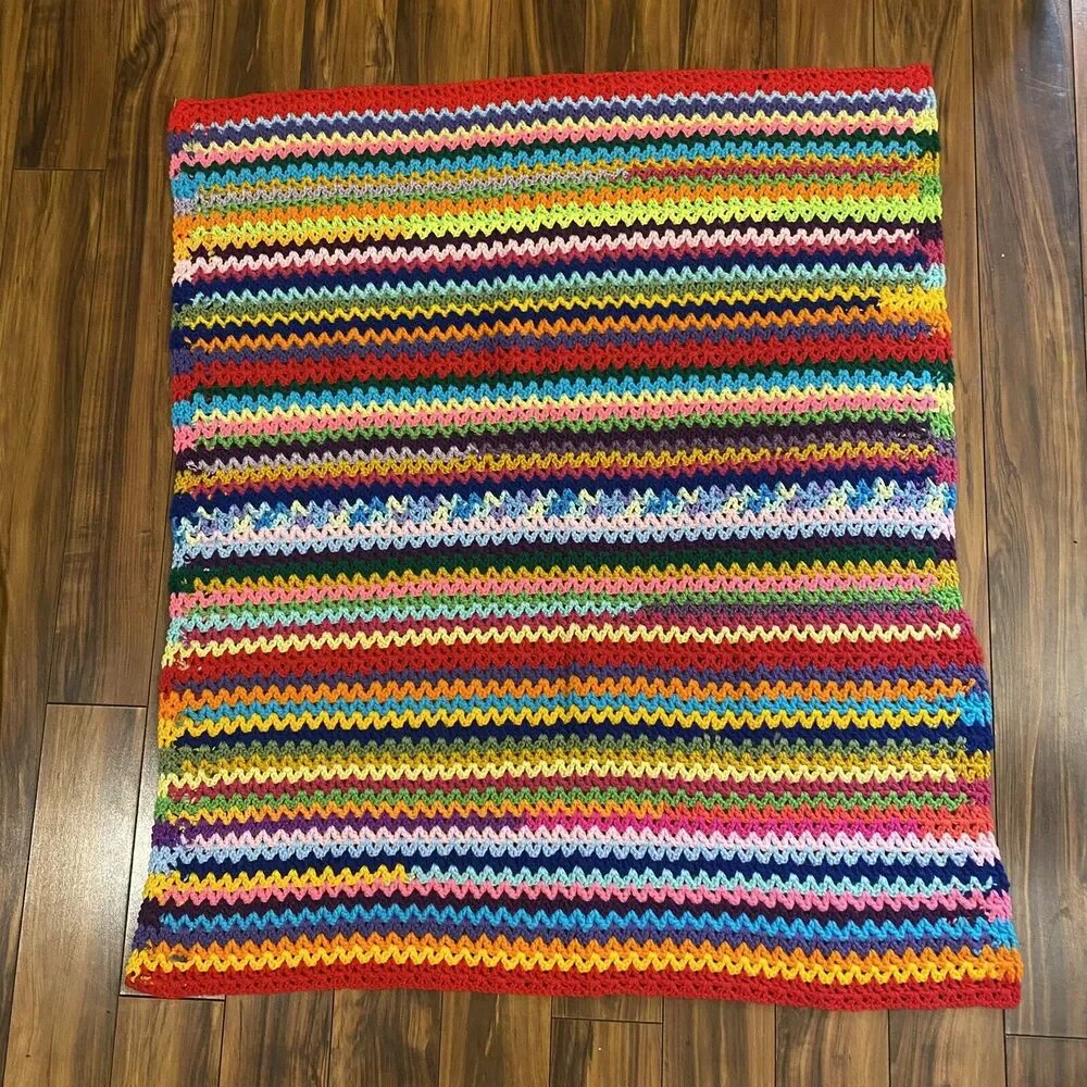 Vintage Handmade Crochet Blanket Lap Afghan Chevron Zig Zag Orange 36X41